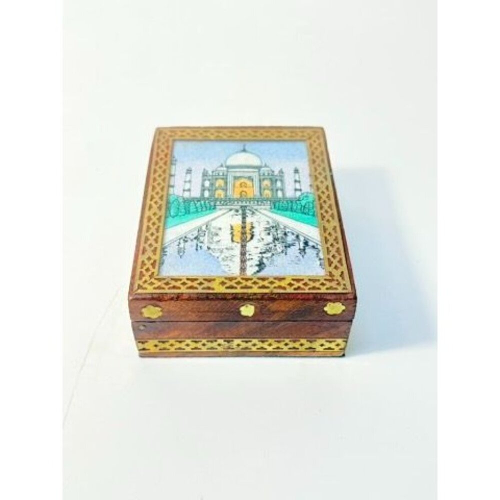 Inlay Wood Trinket Ring Souvenir Box Taj Mahal Wooden Sand Art Agra Traditional - Picture 4 of 16